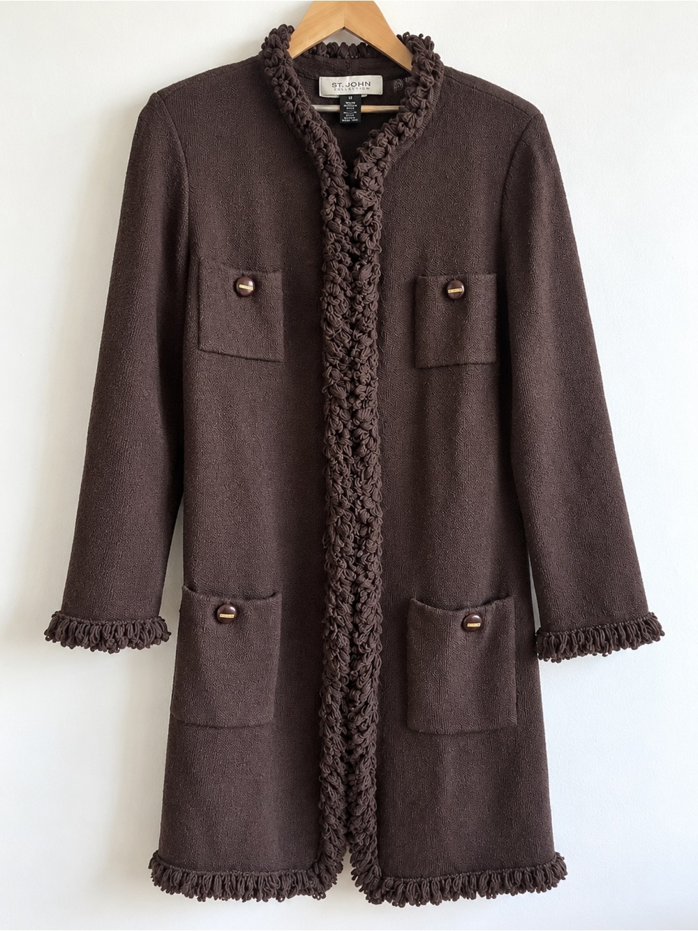 St. John Collection Wool Rayon Knit Long Jacket Coat Brown Size 10 Resort 2013